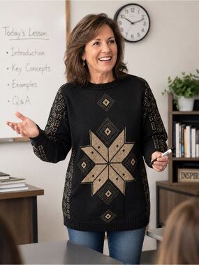 Vintage Ellen-D Kollection Black Gold Snowflake Knit Sweater Woman’s Size L